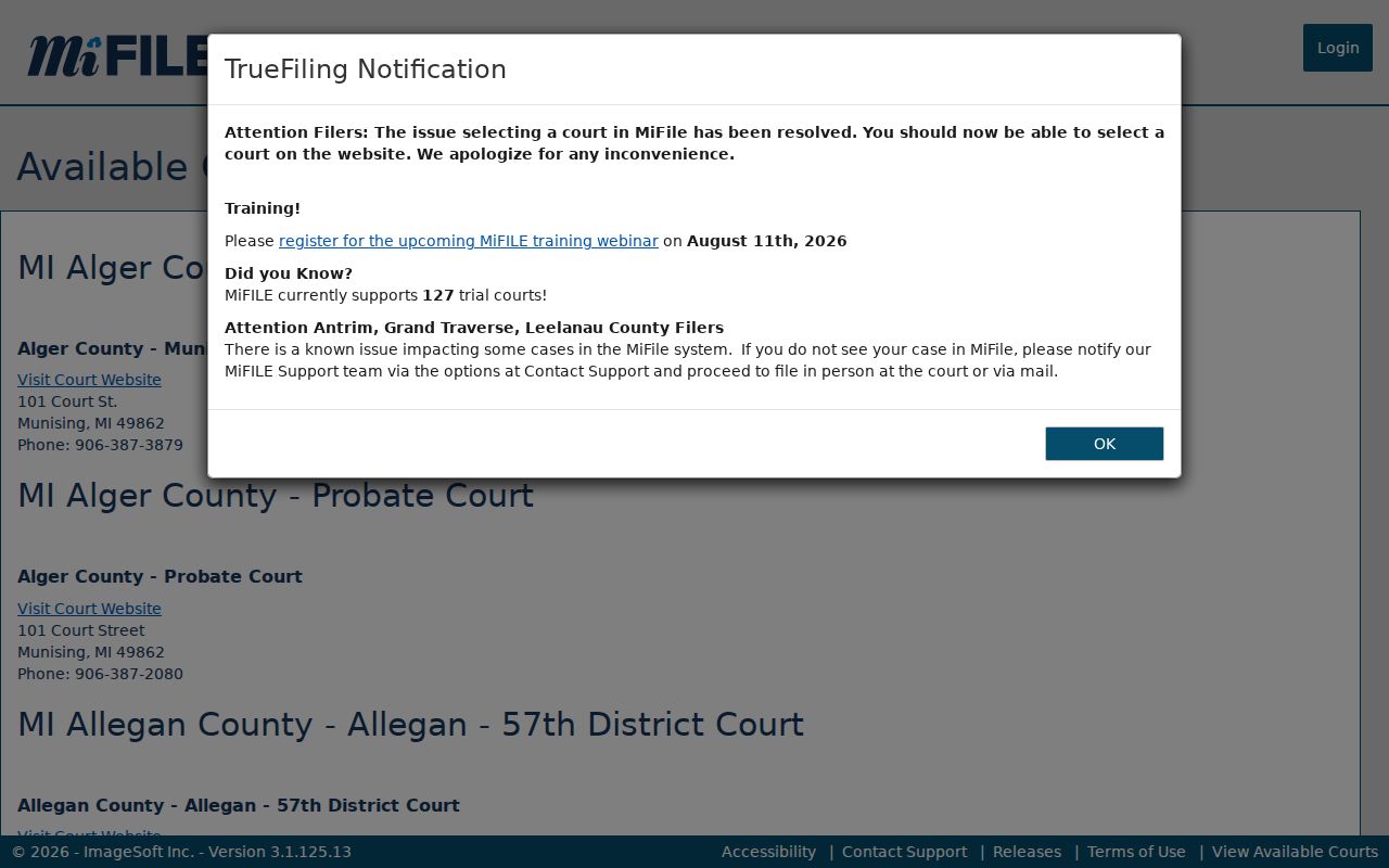 Washtenaw County case records context on the MiFILE court availability page