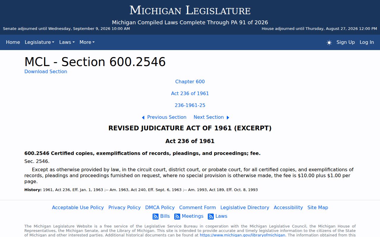 Washtenaw County civil docket certified and exemplified copy fee statute