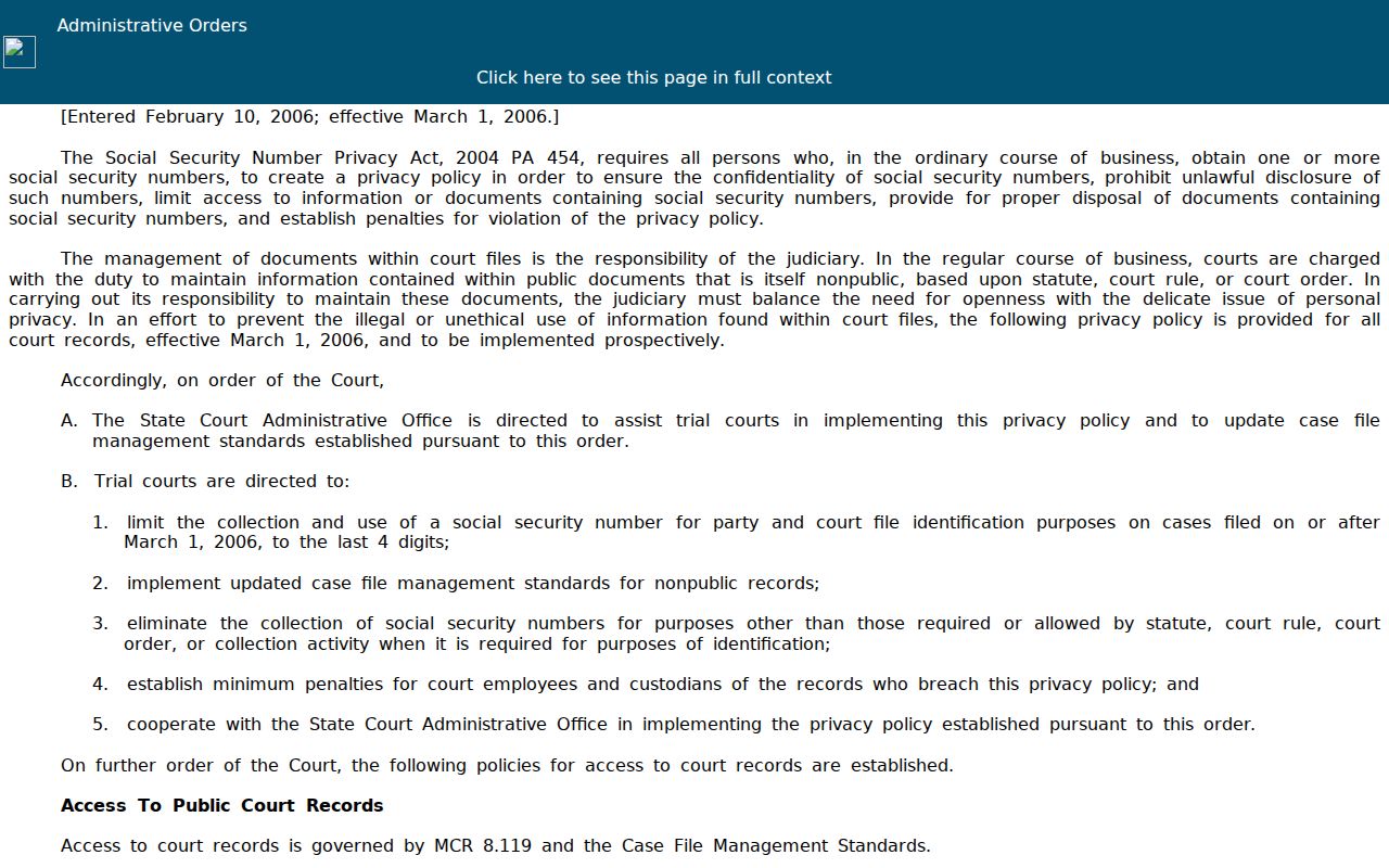 Washtenaw County civil docket privacy and public access policy reference
