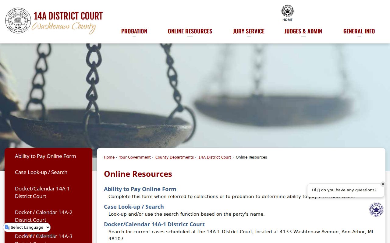 Washtenaw County court calendar links for 14A case search and daily court settings