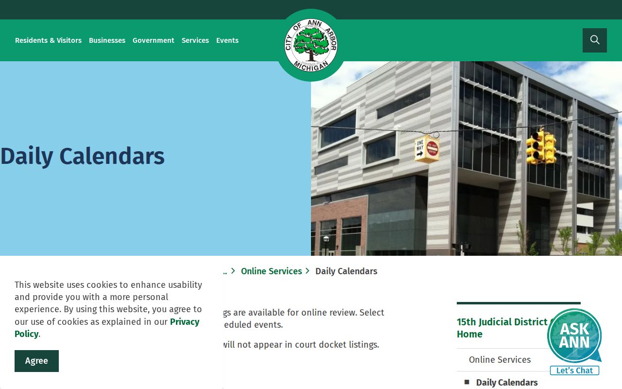 Washtenaw County court calendar options on the 15th District daily calendar