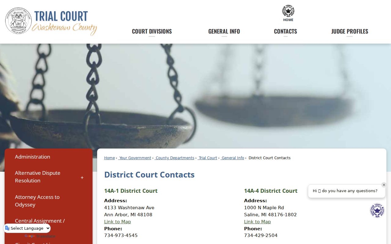 Washtenaw County court calendar contact routing for 14A District Court