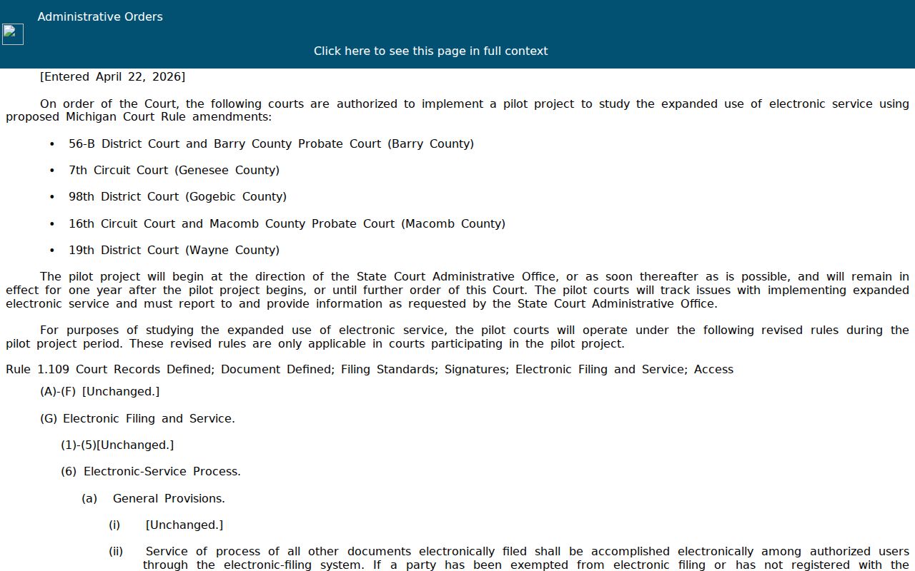 Washtenaw County court records Michigan expanded electronic service order