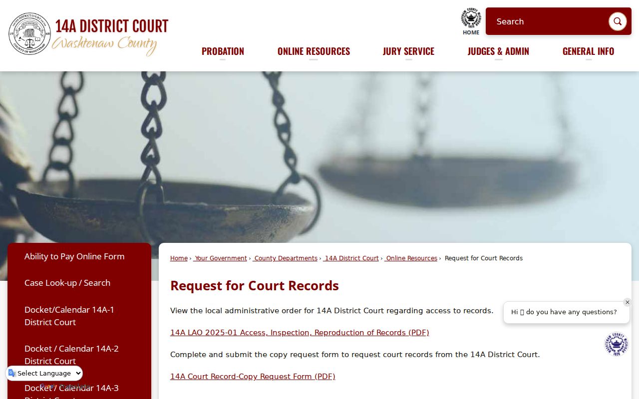 Washtenaw County court records request and case lookup routing