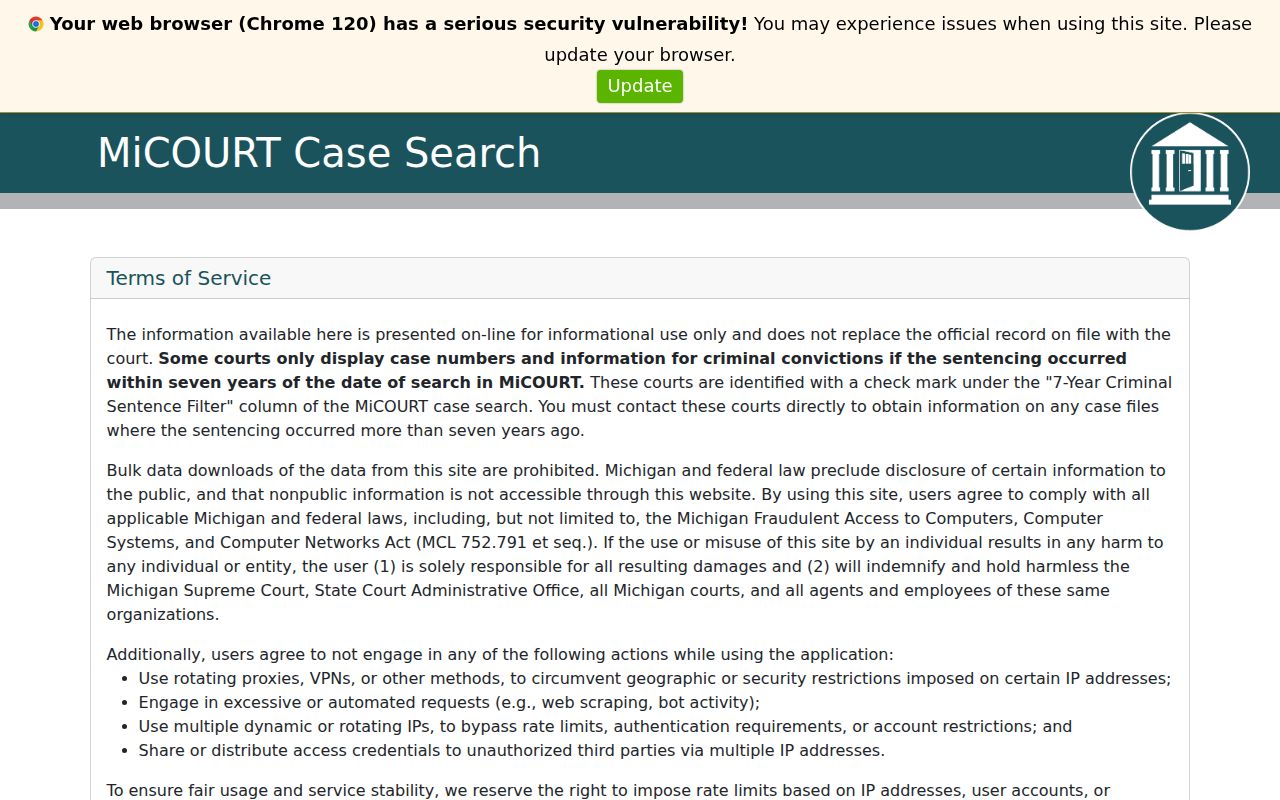 Washtenaw County criminal docket search through Michigan public case search