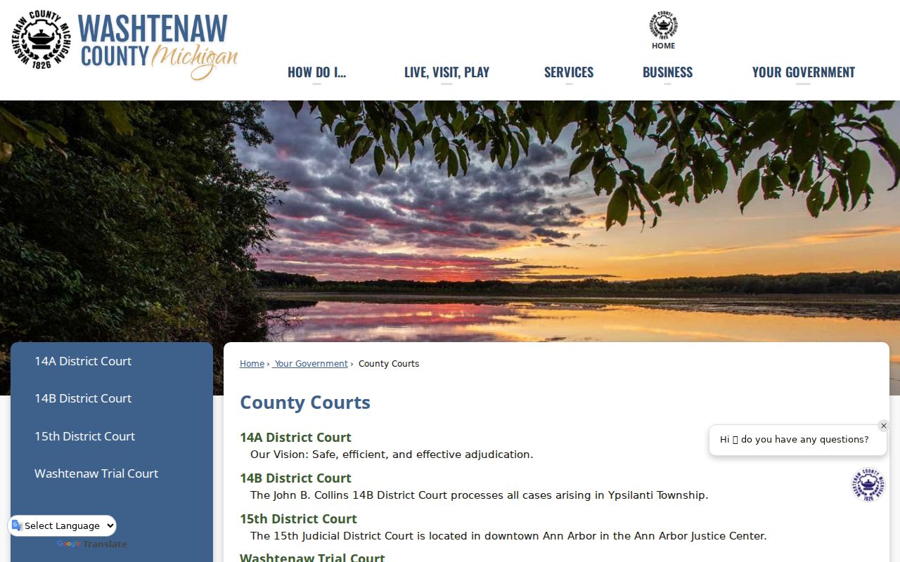 Washtenaw County court docket map for Trial Court, 14A, 14B, and 15th District Court