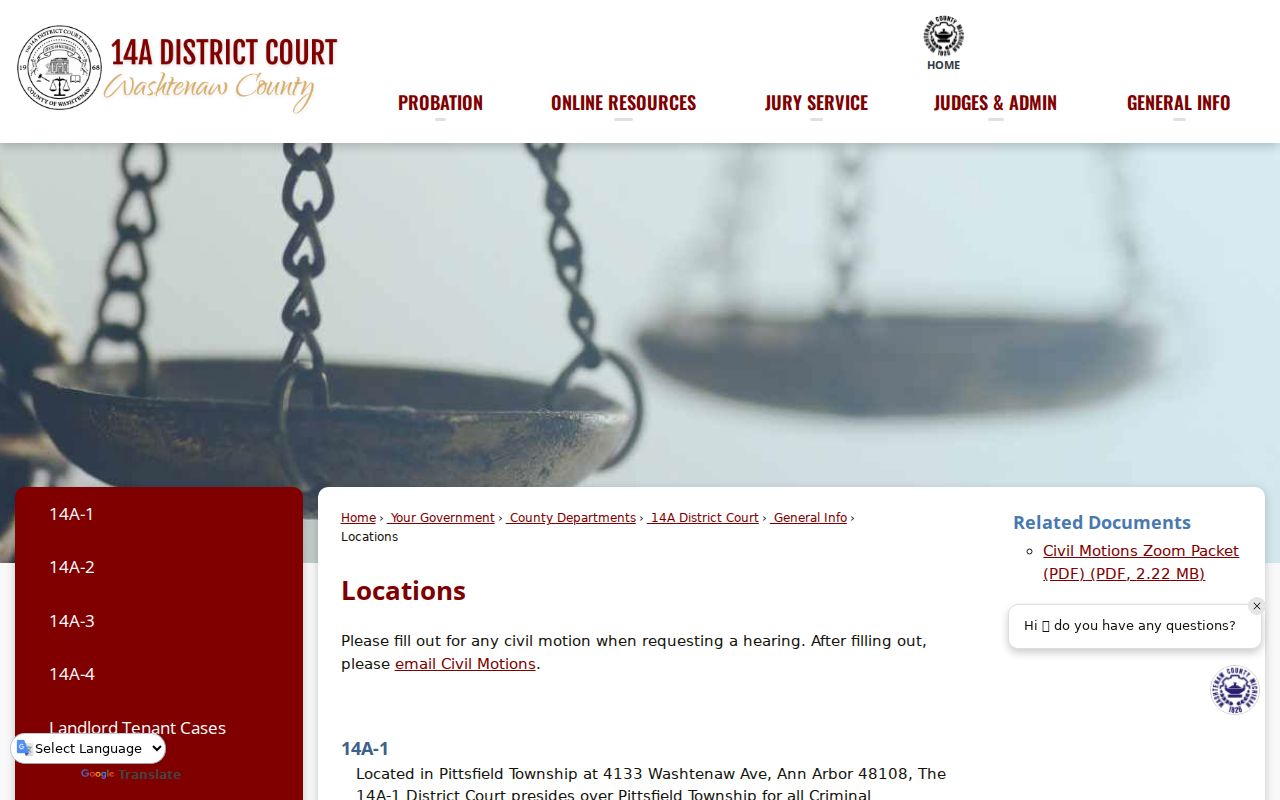 Washtenaw County court docket access through four 14A District Court locations