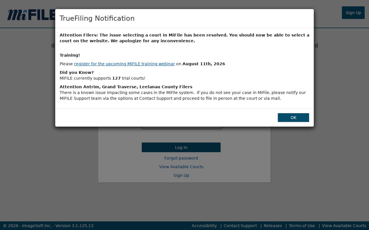 Milan court docket Michigan MiFILE filing system entry page