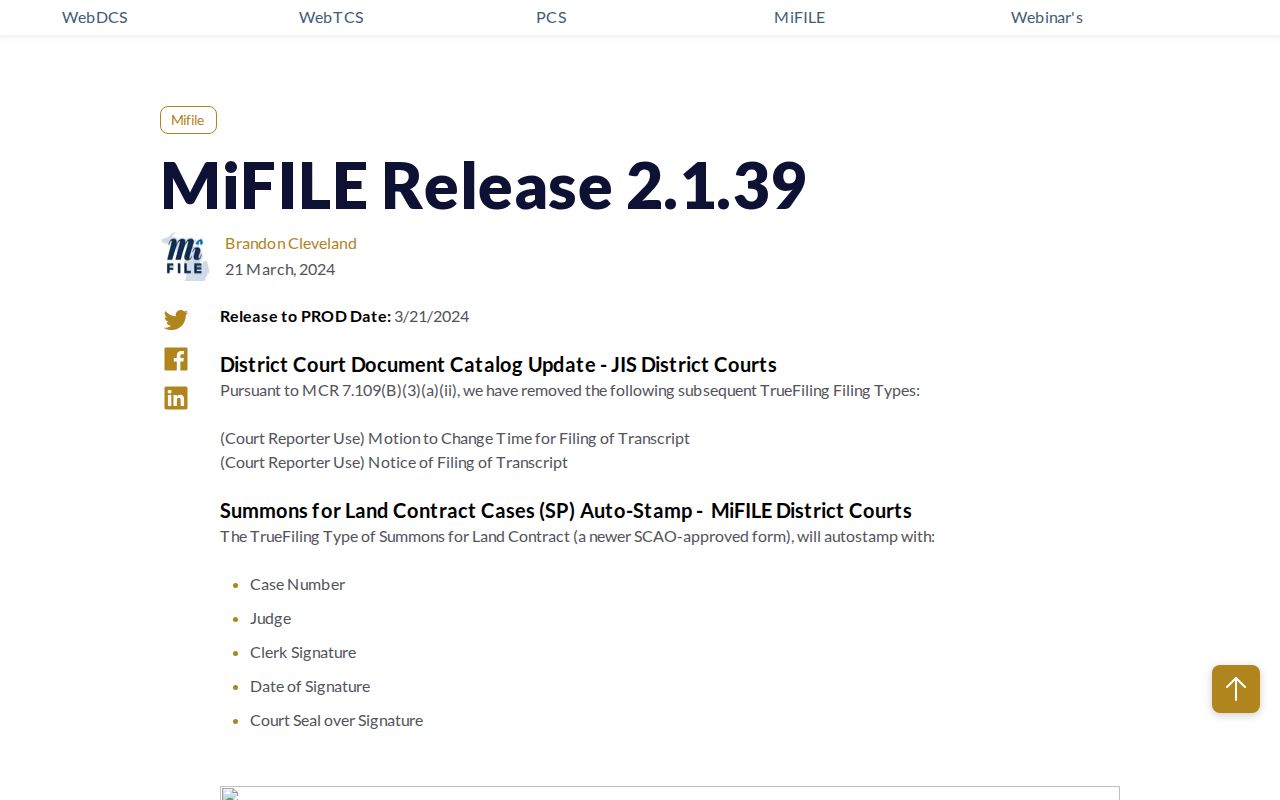 Milan court docket MiFILE release history for Washtenaw court integration