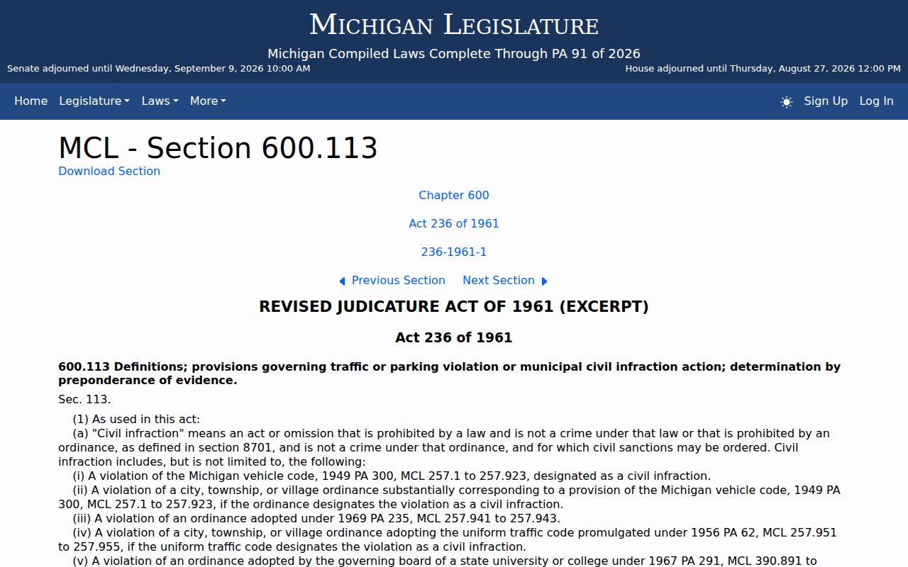 Saline court docket reference for Michigan civil infraction proceedings