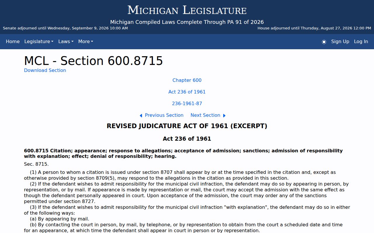 Saline court docket context for Michigan municipal civil infraction response rules
